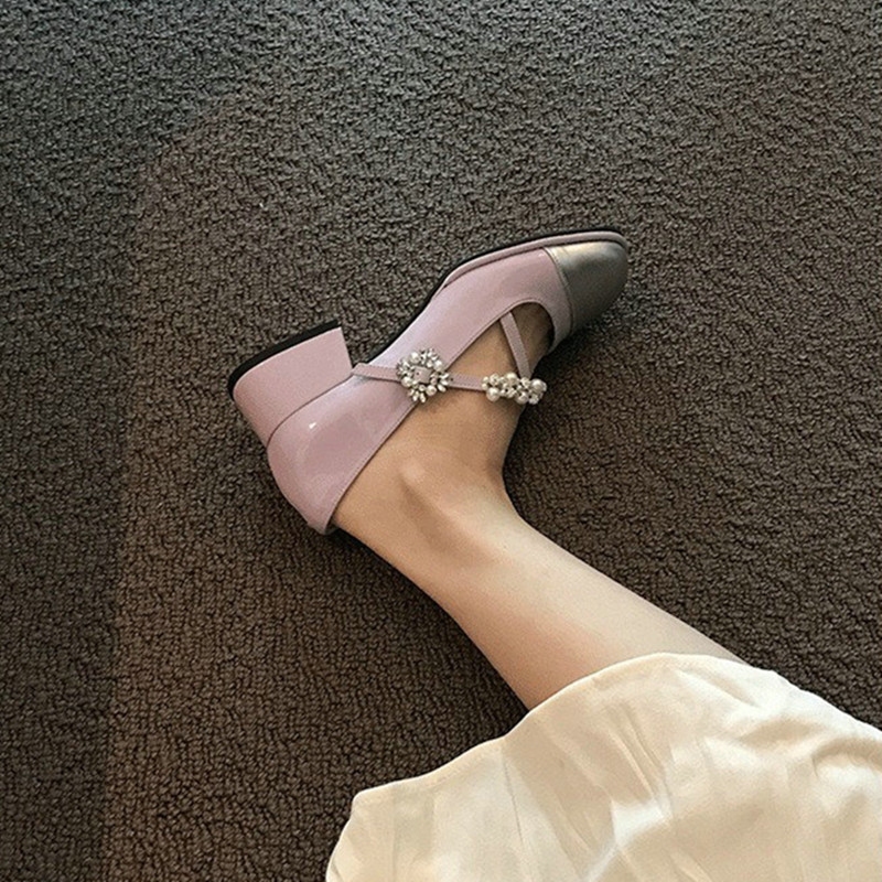 New New 2024 French Pearl Rhinester Pumps Square Head One-e Buckle High Heels Women's Mary Jane Thick Heel Shoes 5d96