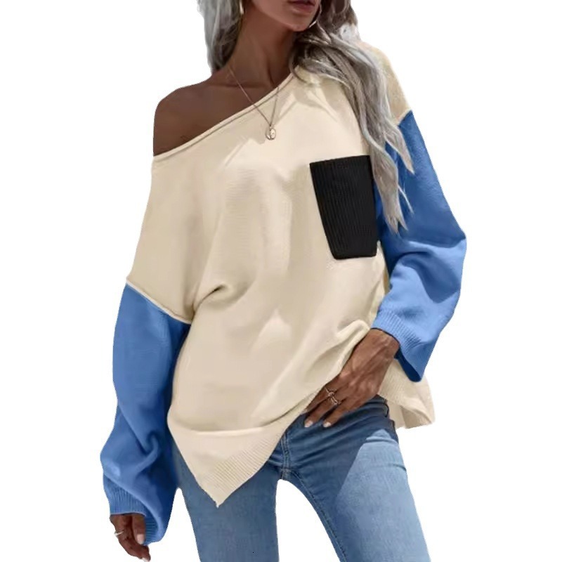 dongdumaoyi New round neck sweater, fashionable color blocked pocket knit top, casual loose knit sweater F0914#52