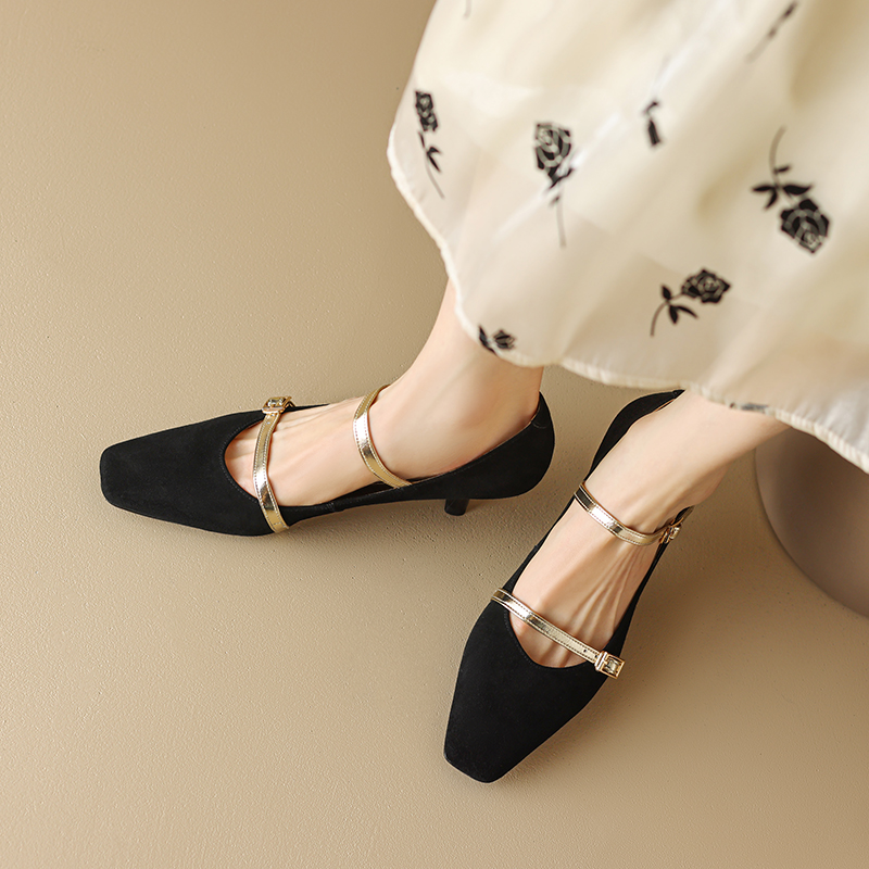 2024 Spring Pumps Kid Suede Genuine Leather New High Heels pointed Toe Chunky Heel for Women Mary Janes Shoes Gladiator a3a6