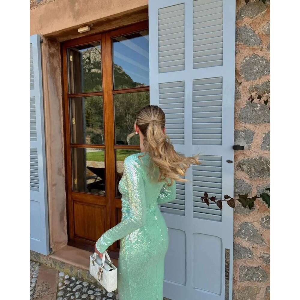 Sexy Shiny Sequin Hollow Out Lace Up Maxi Dress Women Chic Round Neck Long Sleeves Bodycon Dresses Lady Night Party Robe