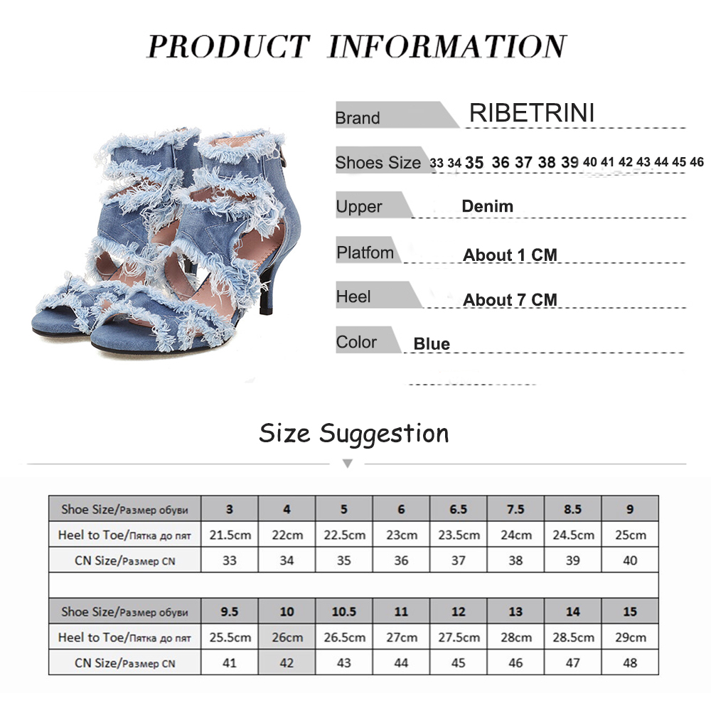 Open Toe Denim Women's Sandals Ankle Strap Stiletto Peep Toe Cutout Zipper High Heels Sandals Casual Daily Shoes Plus Size 46