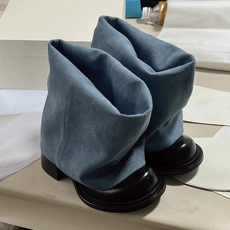Fashionable Black Blue Denim Shorts Pants New Bottom Retro Round Head Thick Heel Wrinkled Lazy Ankle Boots Size 43