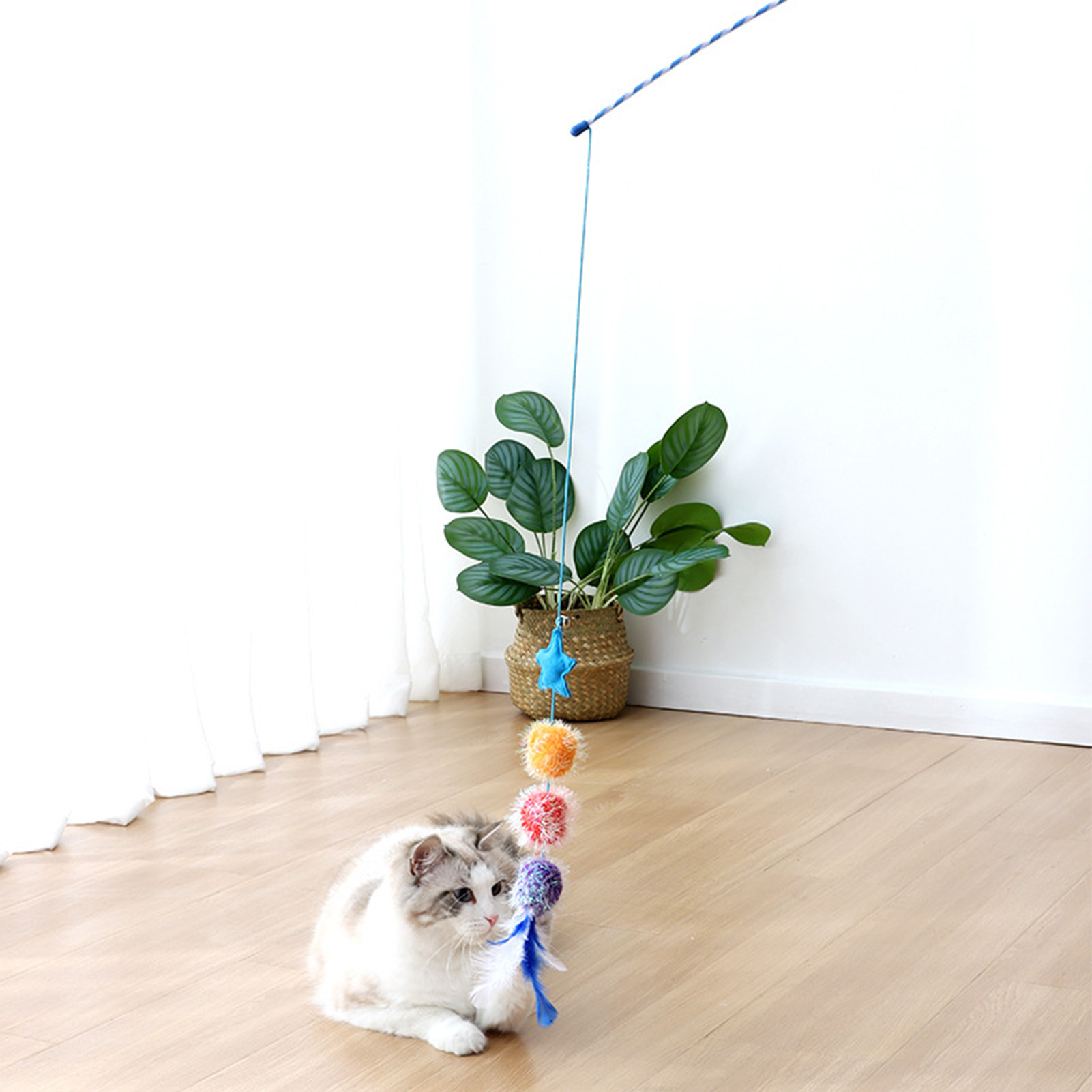Felt Star Feather Teaser Stick Colorful Soft Hairball Star Cat Teaser Stick For Home Blue