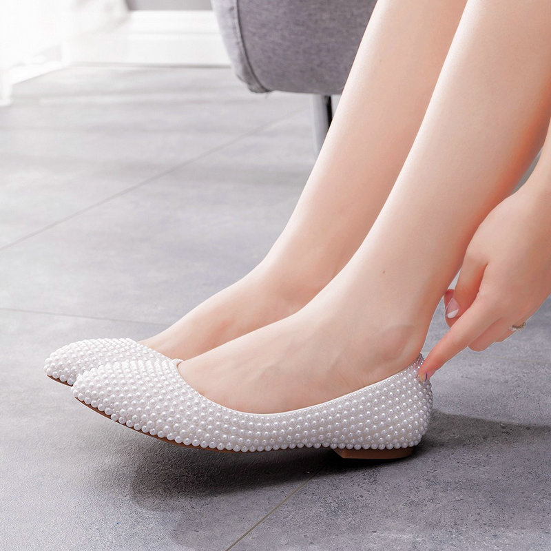 White Flat Bridesmaid Shoes Bride Wedding Pumps Women's Single Shoes Handmade Pearl Maternity Shoes