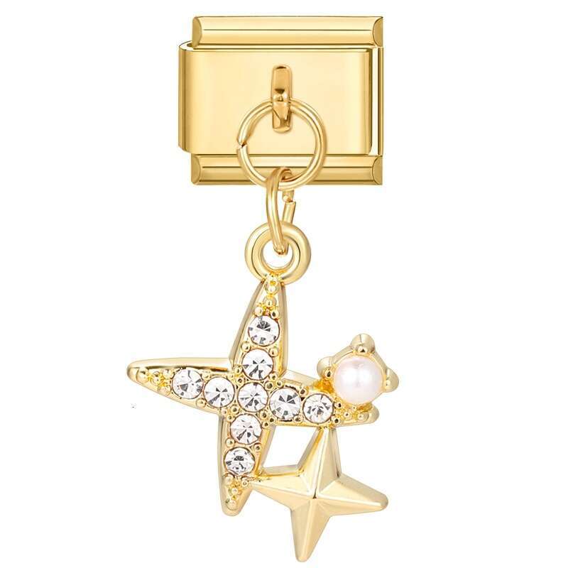 New Women's Gift Airplane pentagram Flower with gold Pendant Italian Charms Links Bangle Beads Fit 9mm Stainless Steel Bracelet Making DIY For Wo