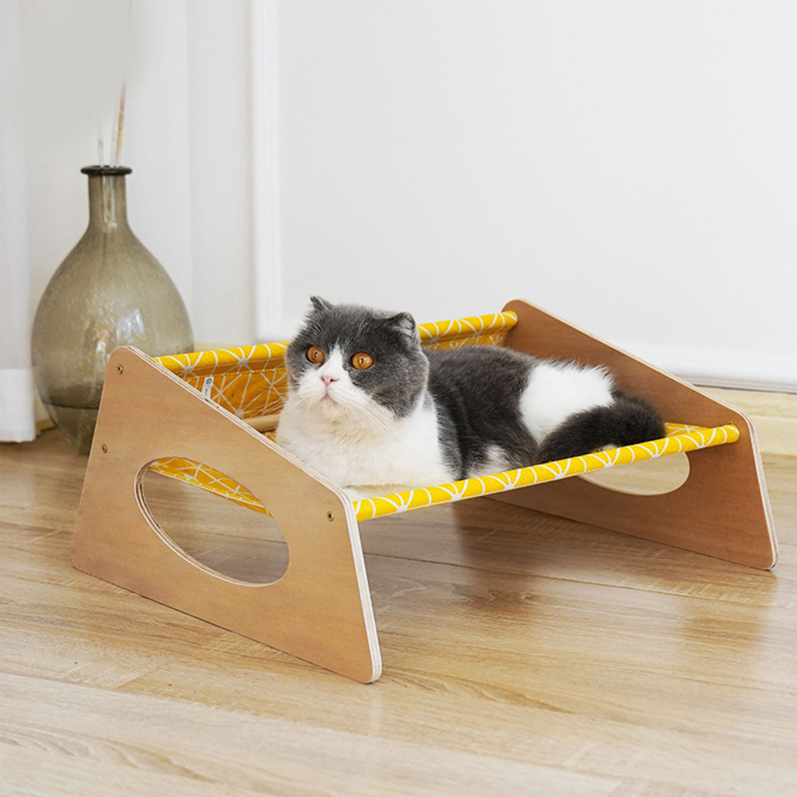 Cat Bed Hammock Medium Breathable Sturdy Linen Comfortable Elevated Cat Bed For Indoor Yellow Geometric