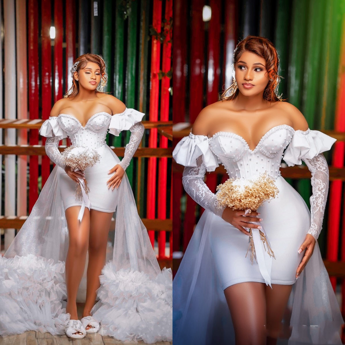 Fashion A Line Women Short Wedding Dress Sweetheart Neck Removable Sleeves Bridal Gowns Pearls Lace Detachable Train Dress Custom Made vestidos de nov