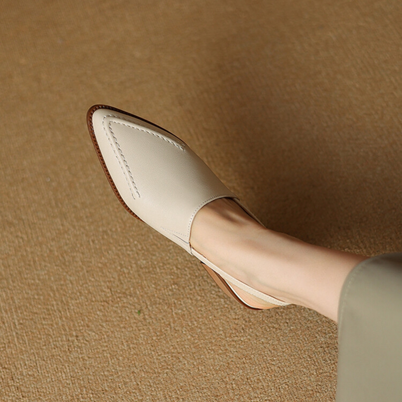 NEW Summer Women Sandals Genuine Leather Shoes for Women Pointed Toe Chunky Heel Shoes Simple Cover Toe Slingback Buckle Sandals