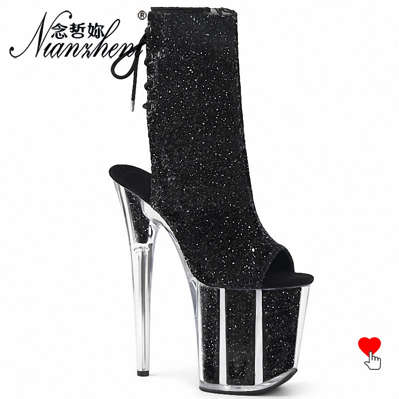 Gothic Peep Toe Strip Pole Dance High Heels Bling Sequin Platform Ankle Boots 20cm Gold Women Shoes Big Size Exotic Crossdresser