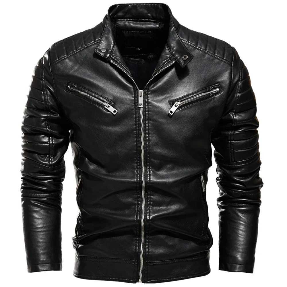 2024 Winter Black Leather Jacket Men Fur Lined Warm Motorcycle Jacket Slim Street Fashion BLack Biker Coat Pleated Design ZipperX240913