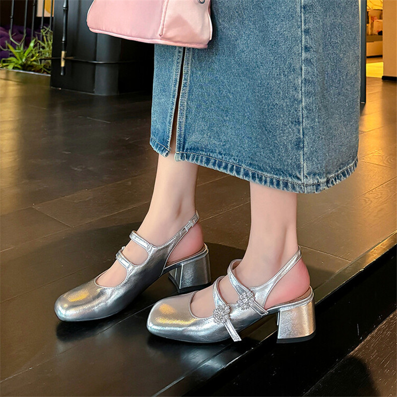 New Summer Split Leather Square Toe Chunky Heel Mary Jane Shoes for Women atos Mujer Rhie Sandals