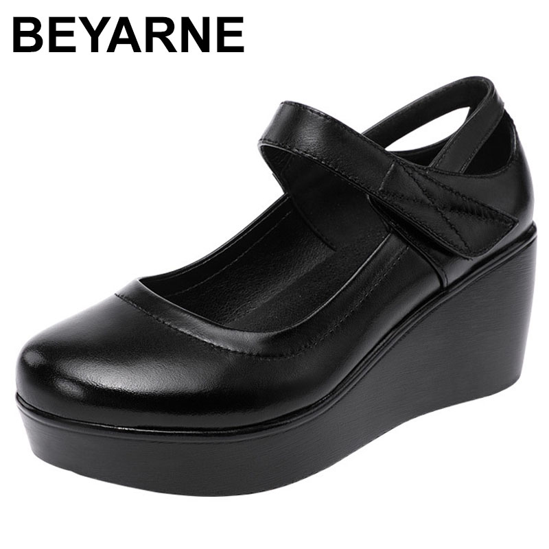 high quality leather shoe for women 6cm wedge high heel platform round toe 32 33 42 43 elegant and fashion shoe