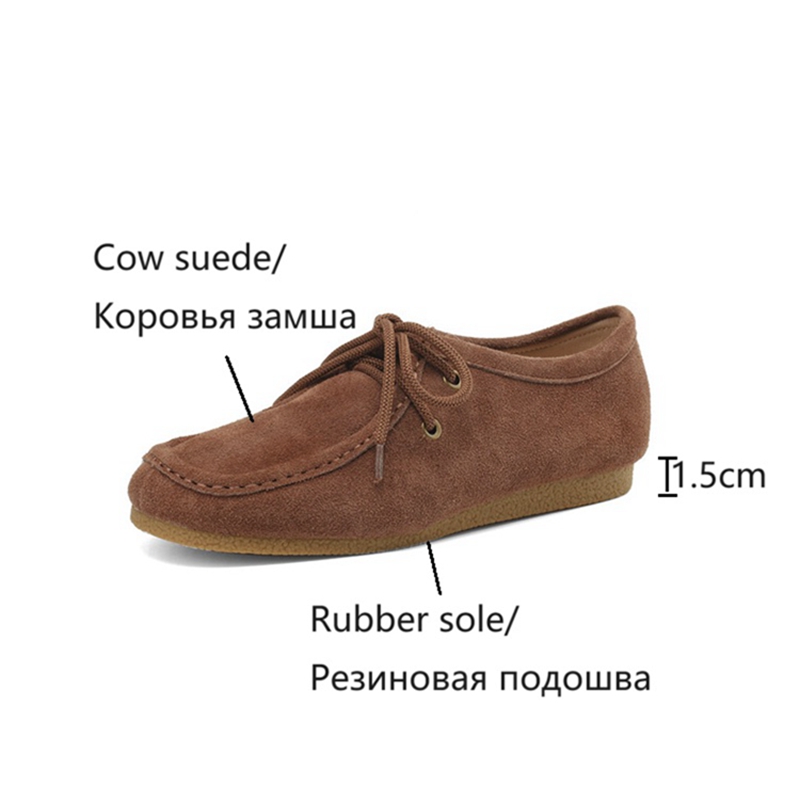 Spring NEW Round Toe Low Heel Solid Ladies Loafers Cow Suede Leather Shoes for Retro Lace New up Women Pumps 94a3