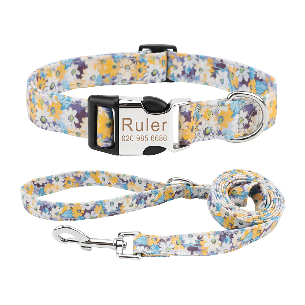 Dog Collar, Cute Floral Dog Collar with Engraved Nameplate ID Metal Buckle and Matching Leash for Small Medium Large Dog Cats