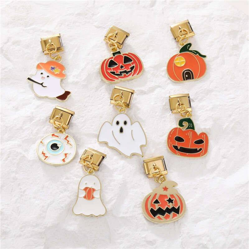 New Women's Gift Gold color Halloween Pumpkin Pendant Italian Charms Links Bangle Beads Fit 9mm Stainless Steel Bracelet Making DIY For Women Fas
