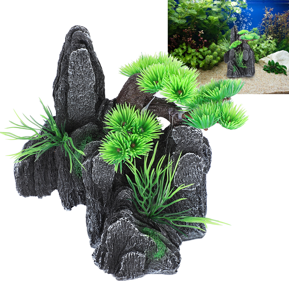 Aquarium Mountain View Stone Ornament, Fish Tank Decoration, Small Plants