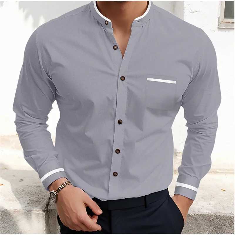 Mens Shirts Formal Button Up Shirt White Long Sleeve Color Block Stand Collar Spring Office Career Wedding Party Outfit Pocket Z240914