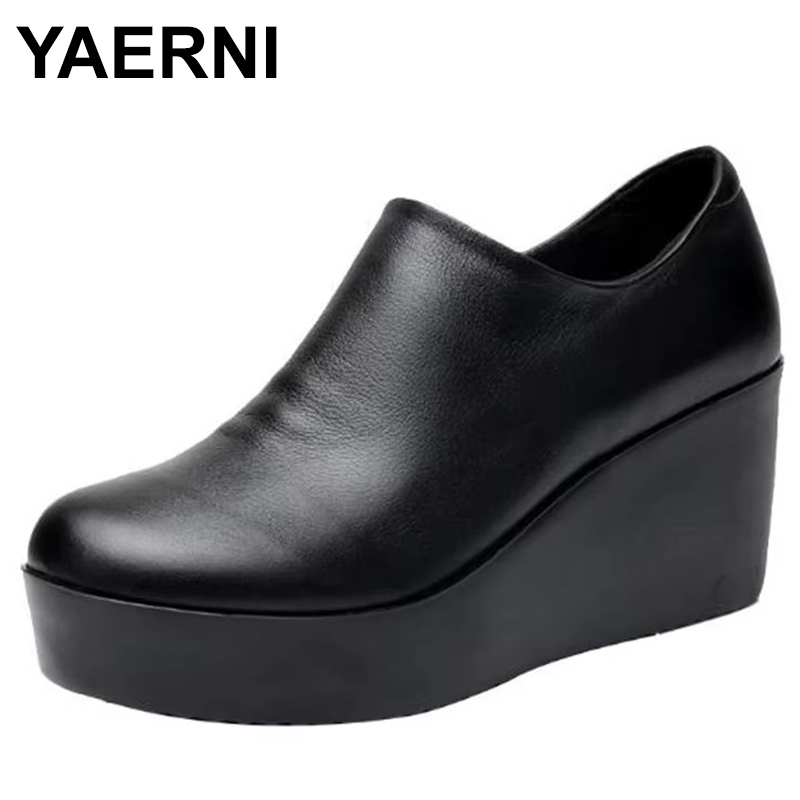 Genuine Leather Women Shoes Thick Soled Spring Autumn High-heeled Single Shoes Women New Platform Casual Slope Heel Shoes
