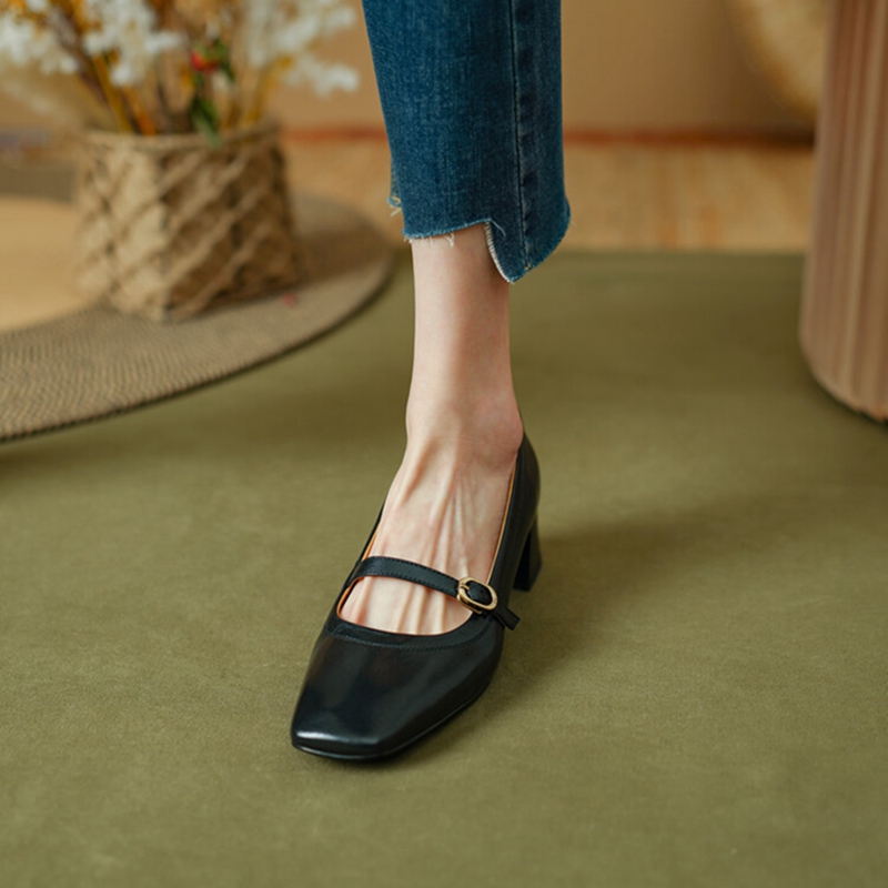 NEW Spring/Autumn Women Pumps Genuine Leather Shoes for Women Square Toe Chunky Heel Shoes Concise Mary Janes Buckle Black Shoes