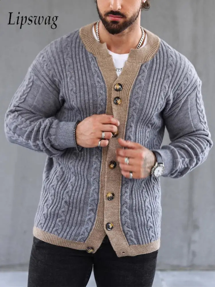 Retro patch work twisted jacquard knitted cardigan sweater mens classic Vneck button jacket casual 240906