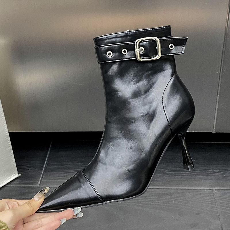Fashion Buckle Strap Ladies Short Modern Booties Zippers Shoes Female Heels Pointed Toe Footwear Women Ankle Stretch Boots