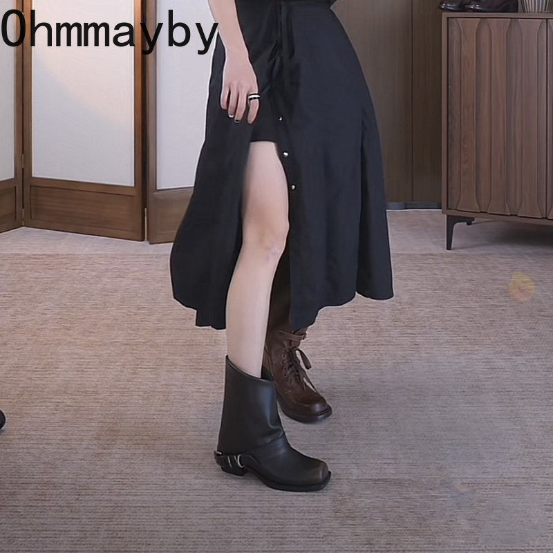 Designer Women Western Cowgirl Boots Fashion Square Toe Belt Buckle Shoes Autumn Winter Thick Heel Ladies Knight Short Booties