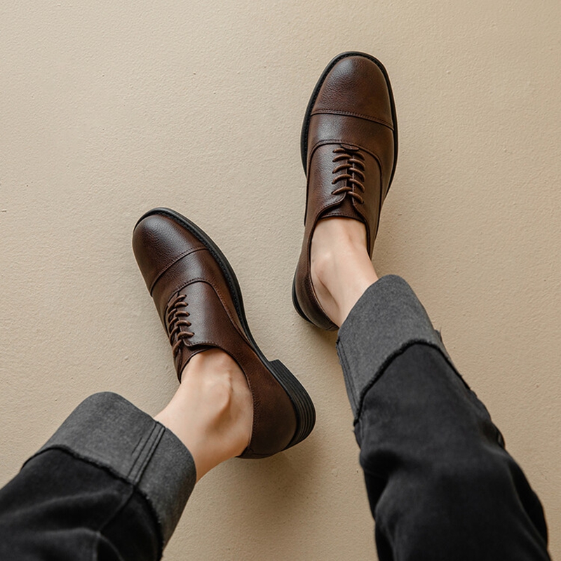 Spring 2023 PumpS Genuine Leather Round Toe Square for Casual Lace-up Low Heel Women Oxford Shoes 810f Oxd