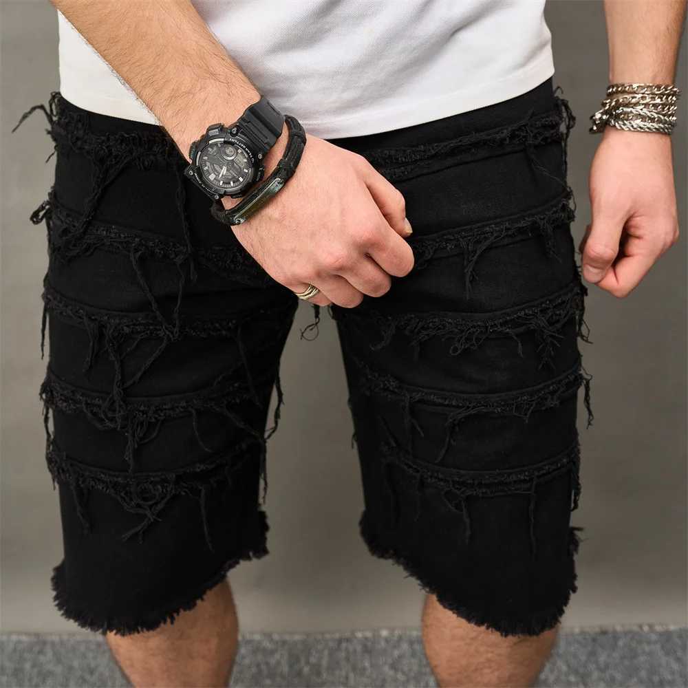New Summer Streetwear Men Ripped Splicing Slim fit Denim Shorts Stylish Male Solid Straight Casual Jean Five-point PantsX240914