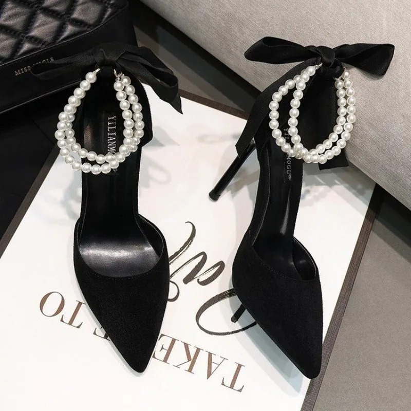 Black Pumps Women's 2024 Summer New Brand Design String Bead Pearls Wedding Bridal High Heels Sexy Pointed Toe Party Dance Shoes eb65 54b7
