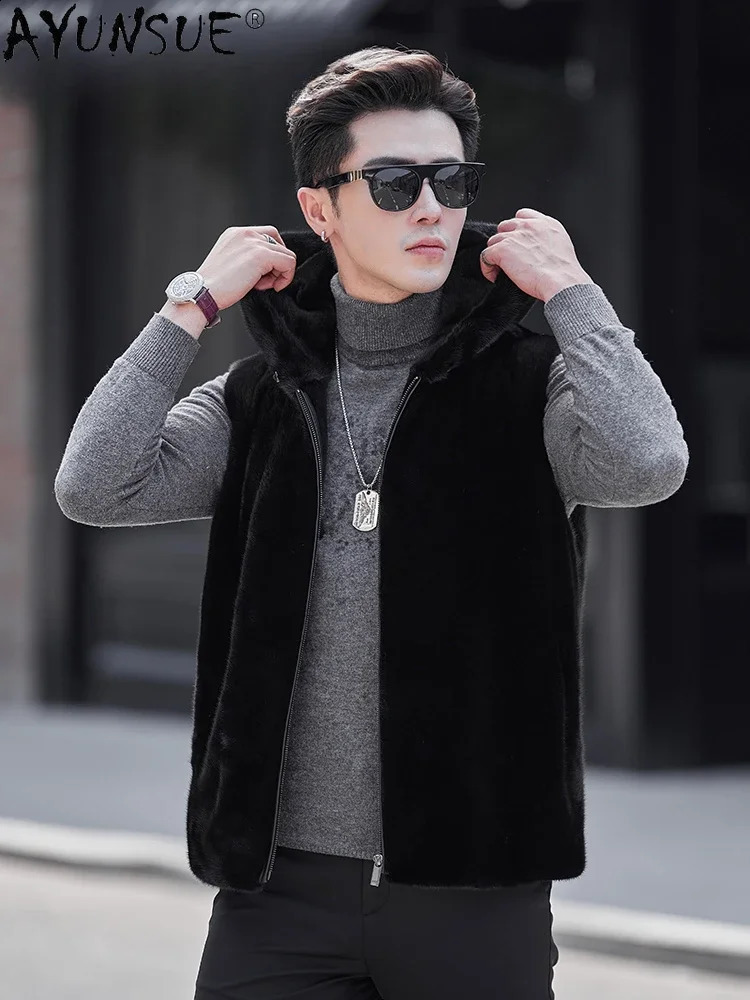 AYUNSUE Real Mink Fur Vest for Men Hooded Winter Autumn Natural Fur Coat Sleeveless Mink Fur Jacket Black Fur Coats 240905