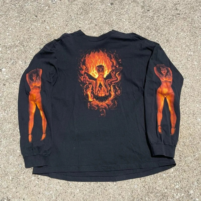 2000s long sleeve t shirts Y2K vintage print pattern Streetwear oversized shirt gothic Hip Hop men women Loose Punk 240913