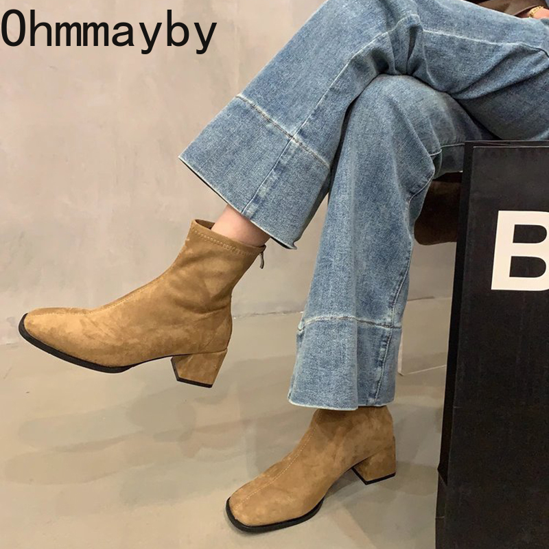 Women Vintage Slim Ankle Boots Fashion Elegant Square Toe Shoes Autumn High Heel Women's Short Booties 9048 's