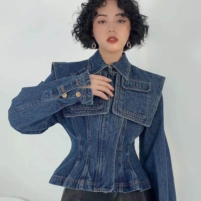 Fashion polo neck denim womens jacket autumn Korean style French retro waist weight loss casual short jacket womens top 240914