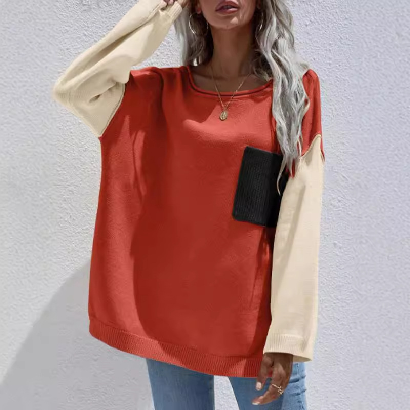 dongdumaoyi New round neck sweater, fashionable color blocked pocket knit top, casual loose knit sweater F0914#52