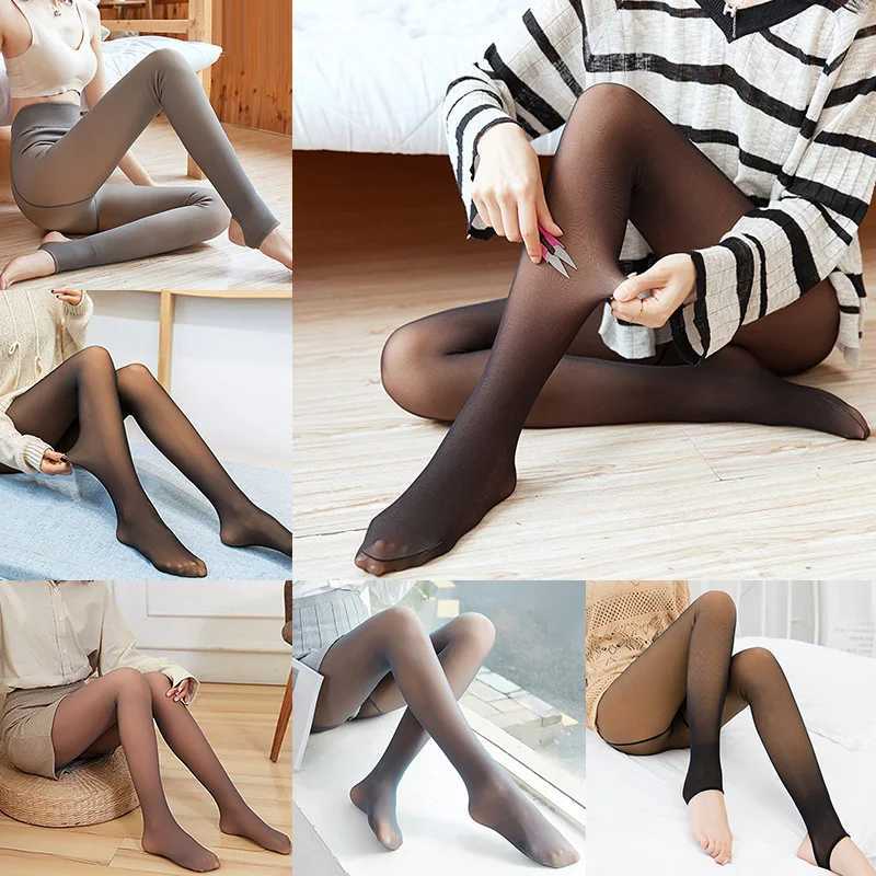 Woman Thermal Tights Sexy Translucent Fleece Leggings Pantyhose Slim Winter Warm Thick Velvet Stockings Female Fashion PantyhoseX240914