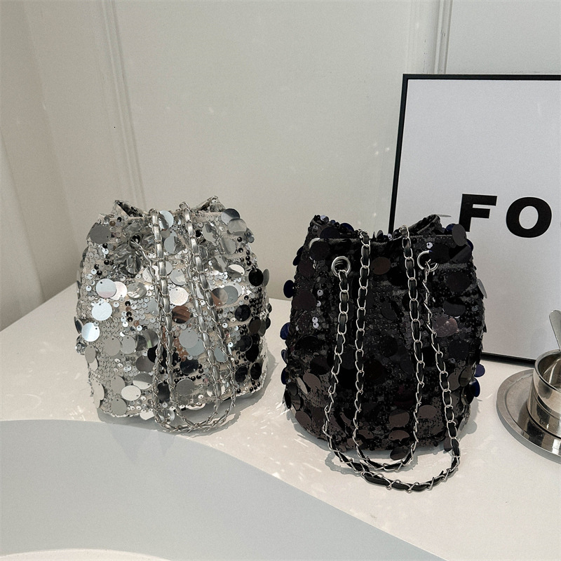 Texture sequin chain small for women 2024 summer new stylish French fashion bucket bag, single shoulder crossbody bag