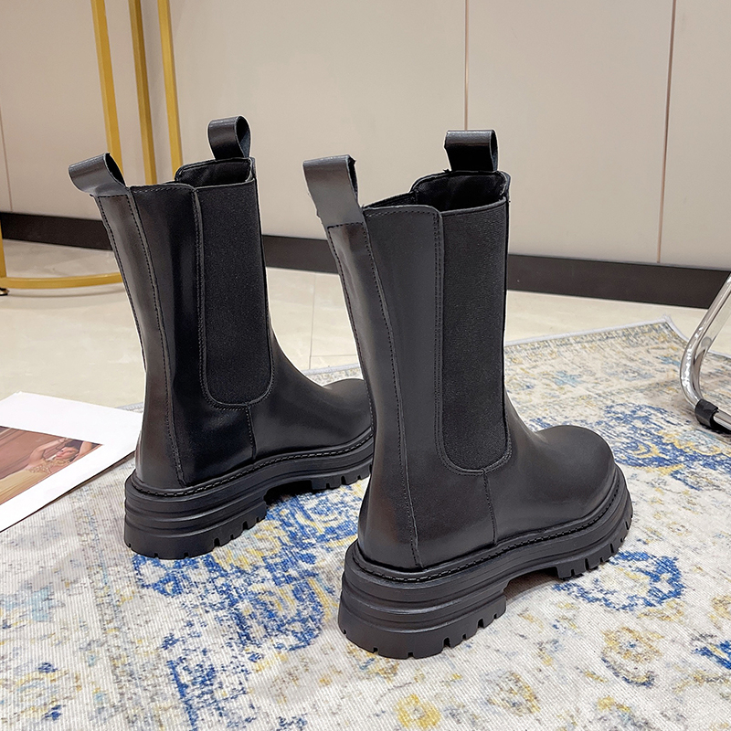 New Classics Chelsea Boots Women Black Ankle Boots Ankle Shoes High Genuine Leather Platform Short Boots Slip on Elastic Band