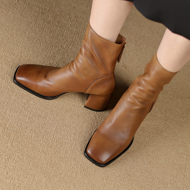 2024 Autumn/Winter Square Toe High Heel Women Shoes Boots Handemade Genuine Real Leather 5644