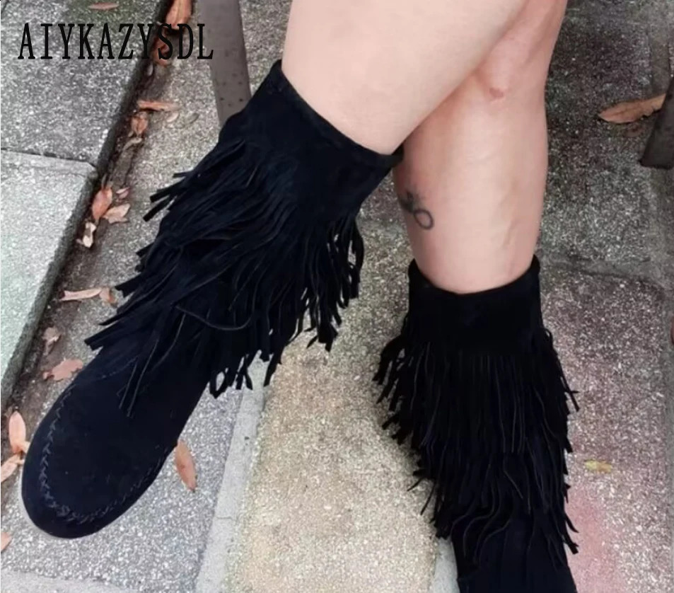 aiykazysdl faux suede fringe tassel moccassin midcalf knight boots casual flat heel bohemia dress booties cowboy shoes 240911