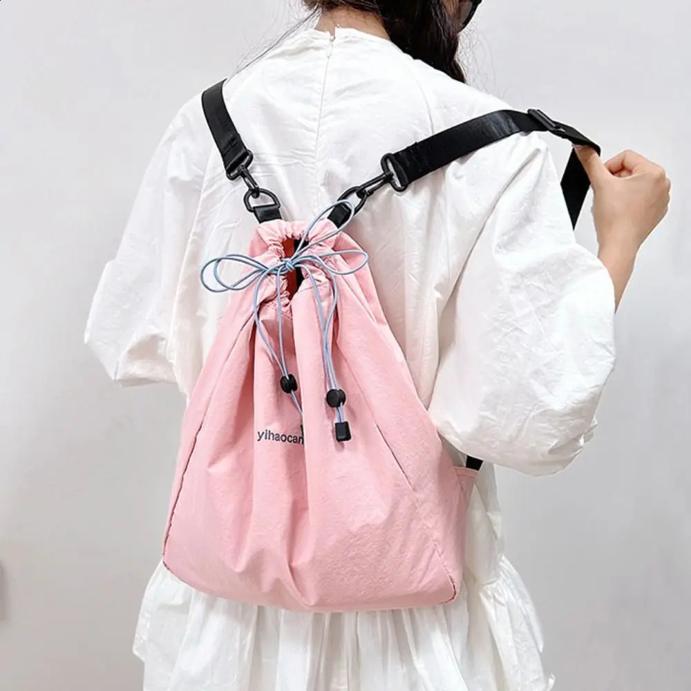 Breathable solid color drawstring backpack Korean canvas nylon backpack large capacity school backpack shoulder bag travel bag 240912