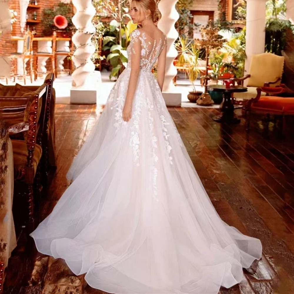 Charming Princess A-Line Wedding Dresses Sexy V-Neck Long Sleeves Bridal Gowns Illusion Vestido De Noiva Woem Brides Wear