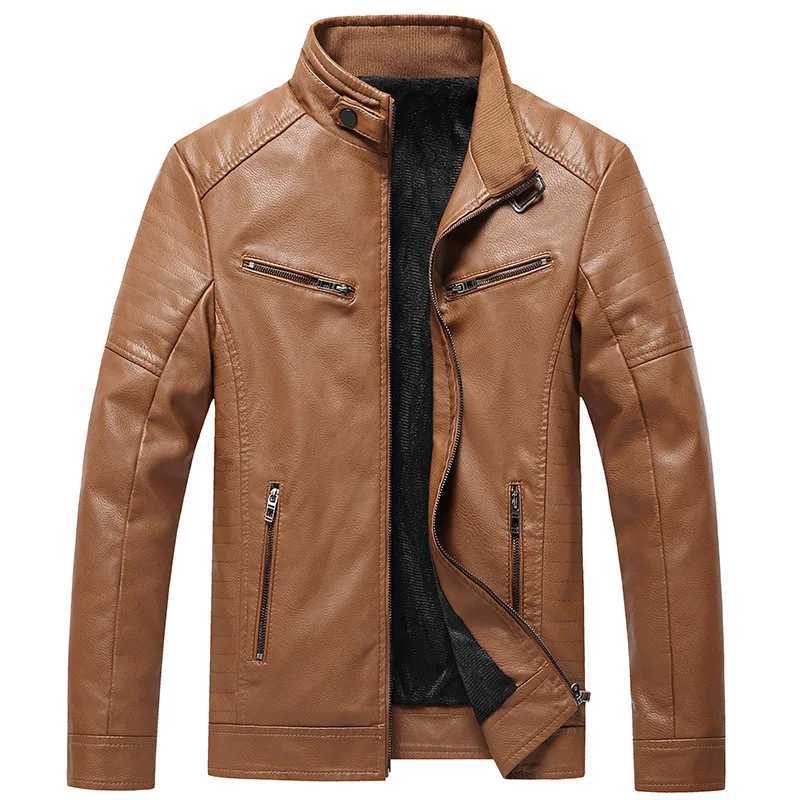 New leather jacket mens plush jacket casual Korean version personalized PU leather jacket youth standing collar leather jacketX240913