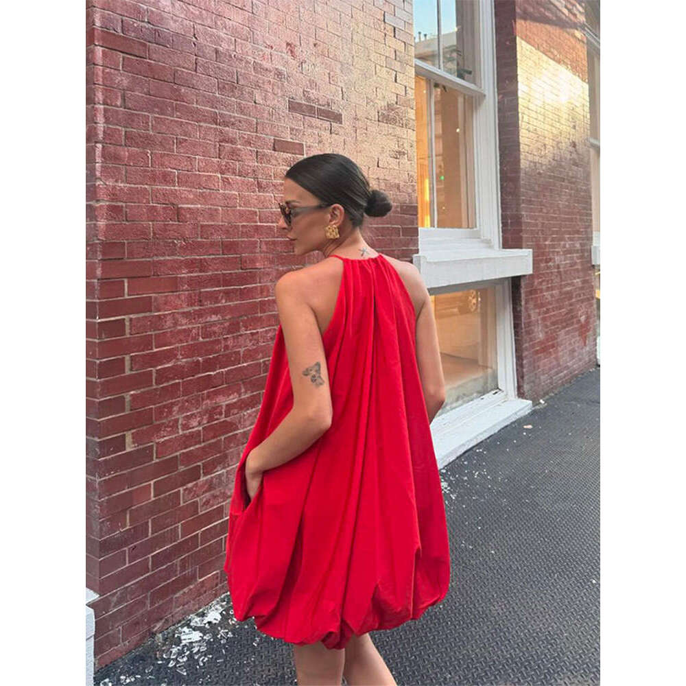 Women Fashion Red Halter Mini Dress Sexy Round Neck Sleeveless Backless A-E Dresses 2024 New Summer Lady Beach Holiday Robes