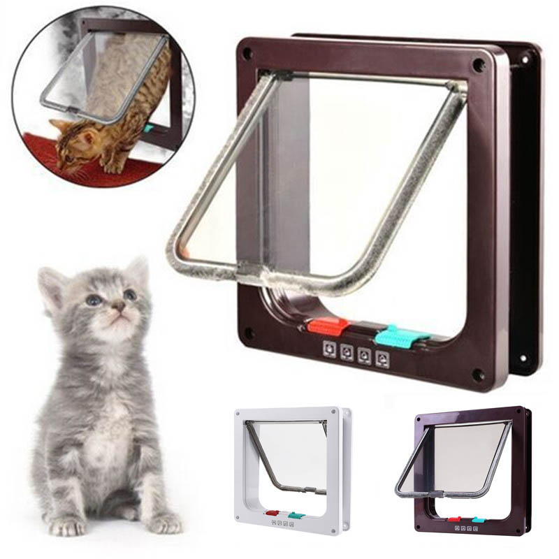Pet Door 4 Way Lockable Dog Cat Kitten Door Security Flap Door ABS Plastic S/M/L Animal Small Pet Cat Dog Gate Door Pet Supplies