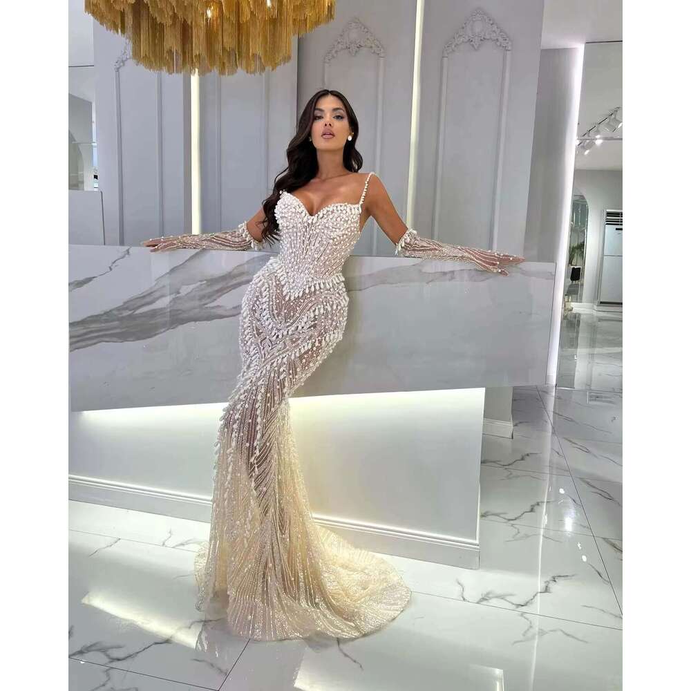 Evening Dresses Mermaid Sequins Rhie Spaghetti Strap Backless Prom Gown Party Dress Vestido De Noite Custom Made