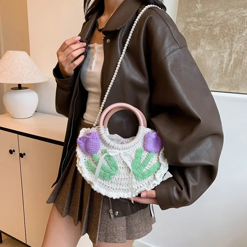 Bohemian Rose Crochet Handbag Half Moon Knitted Shoulder Bag Womens Round 240913