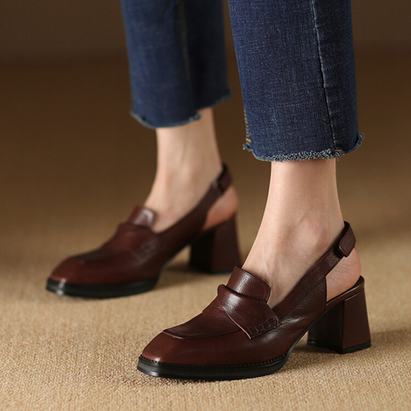 NEW Summer Women Sandals Genuine Leather Shoes for Women Cover Toe Slingback Shoes Square Toe Chunky Heel Designer Sandals