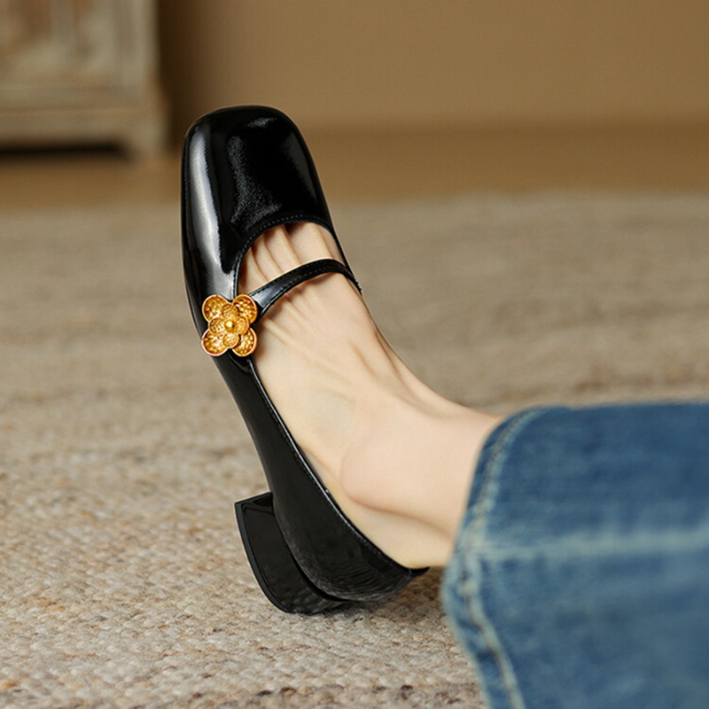 Spring NEW Pumps Patent Leather for Women Square Toe Chunky Heel Metal wer Mary Janes Plus Size Black Shoes 5ef1