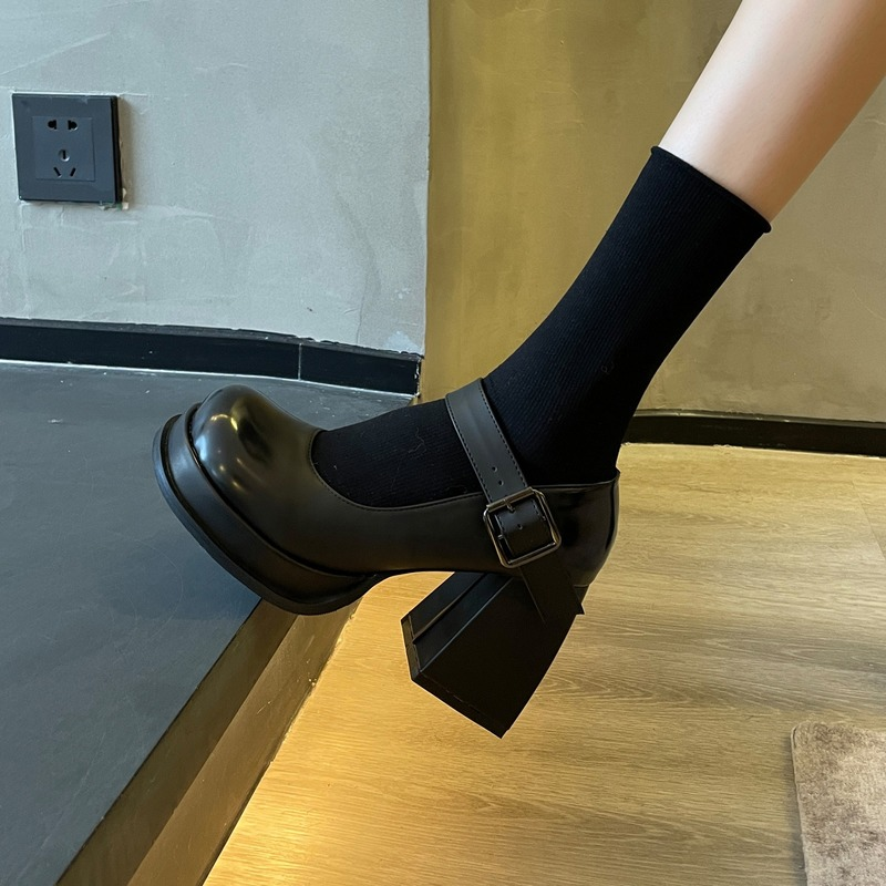 Chunky Heels Women Black PU Leather Shoes Ladies Office Dress Mary Jane Shoes Woman Pumps Designer Platform Uniform High Heels