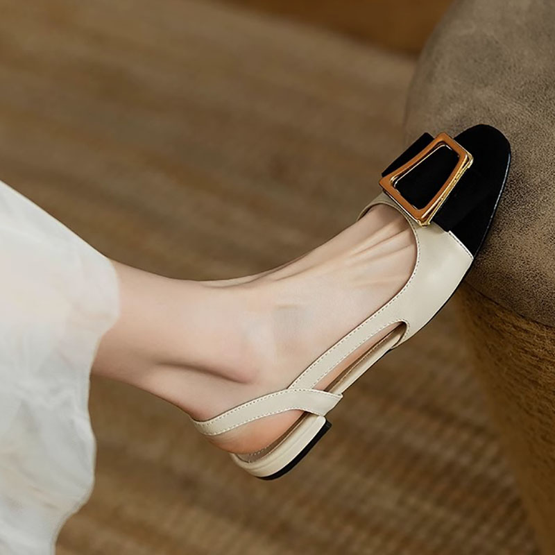 New Summer Women's Sandals Black Toe Flats Button Slip on Flat Shoes Woman Mules Dress Shoes Square Toe Sandalias Mujer 1385N